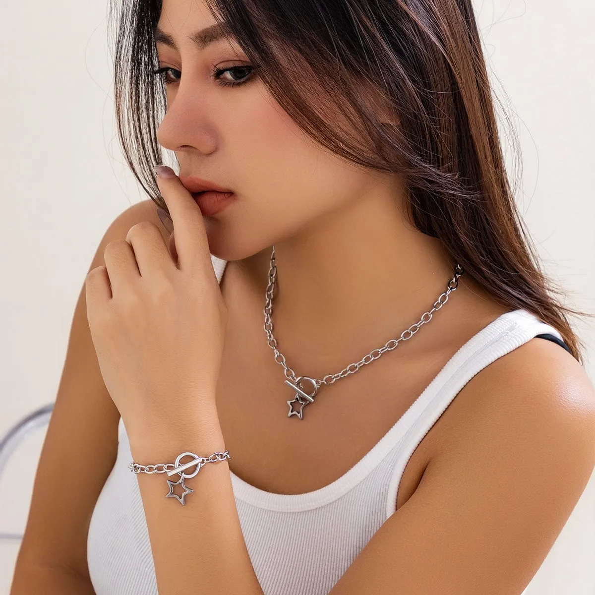 Trendy Toggle Clasp Hollow Star Pendant Cable Chain Necklace Bracelet Set