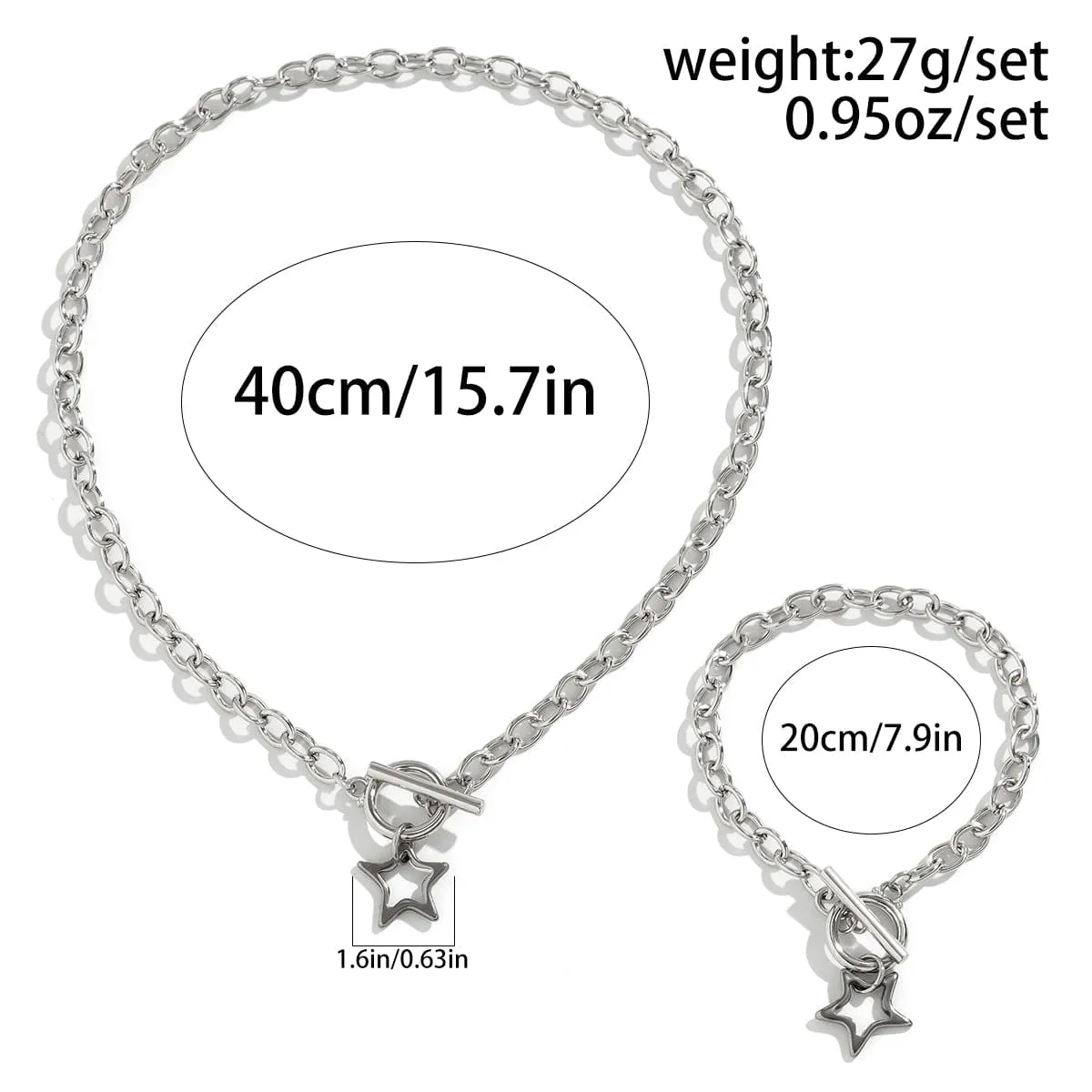 Trendy Toggle Clasp Hollow Star Pendant Cable Chain Necklace Bracelet Set