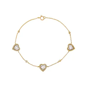 Triple Diamond Pave Colored Stone Heart Bracelet 14K
