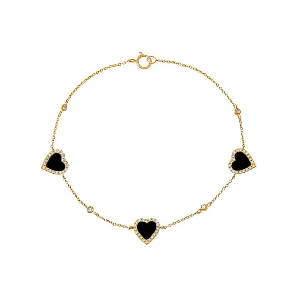 Triple Diamond Pave Colored Stone Heart Bracelet 14K
