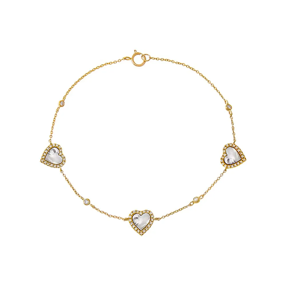 Triple Diamond Pave Colored Stone Heart Bracelet 14K