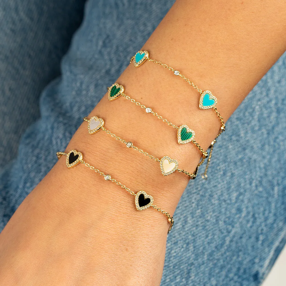 Triple Diamond Pave Colored Stone Heart Bracelet 14K