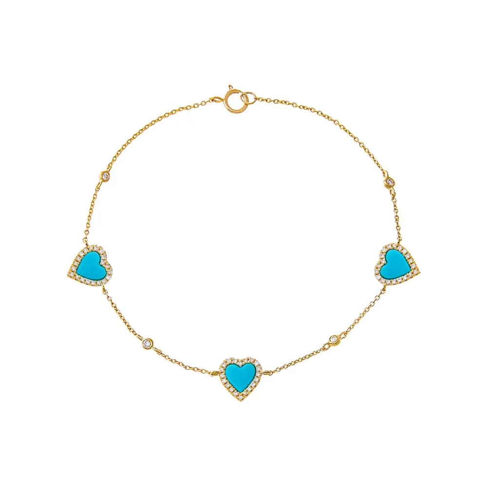Triple Diamond Pave Colored Stone Heart Bracelet 14K