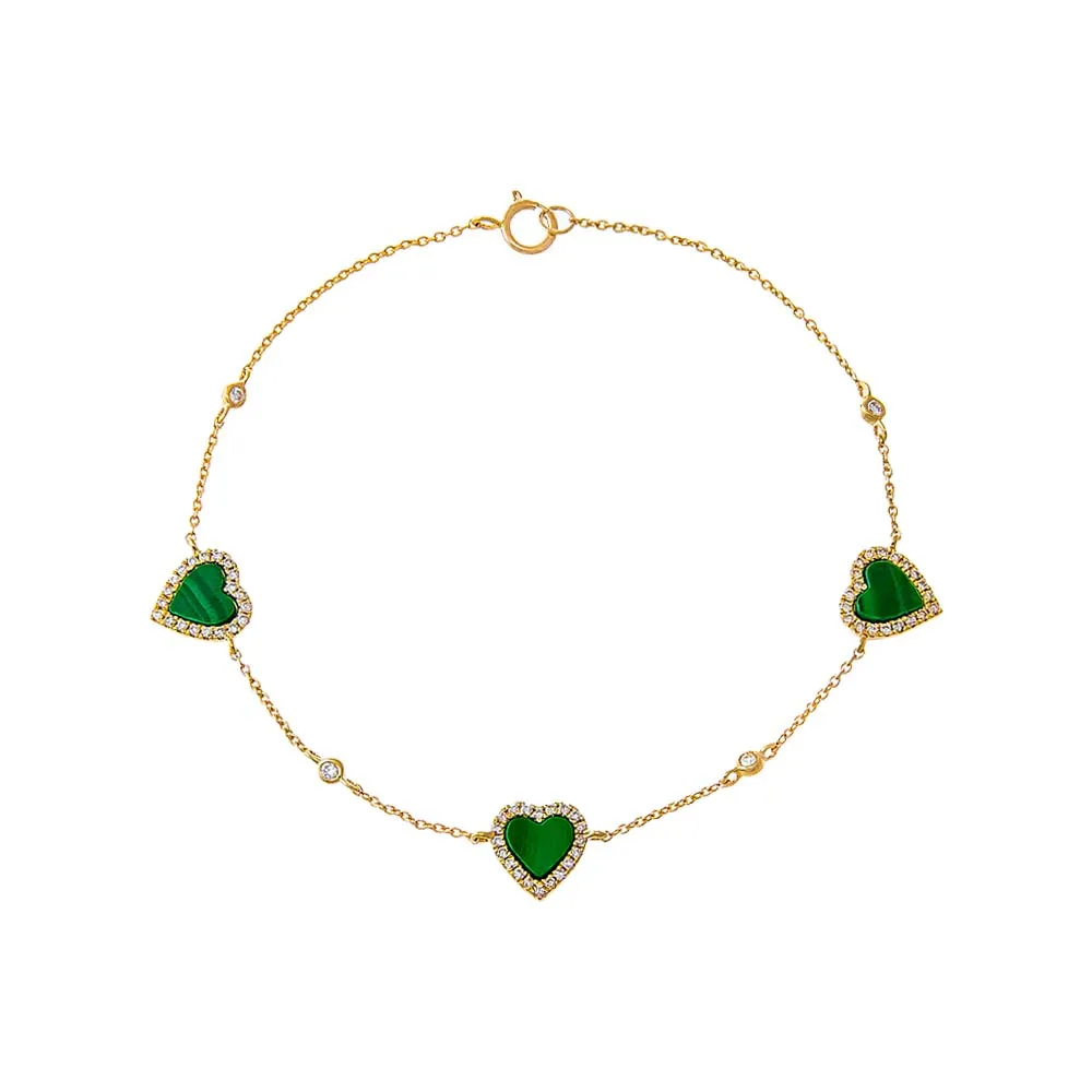 Triple Diamond Pave Colored Stone Heart Bracelet 14K