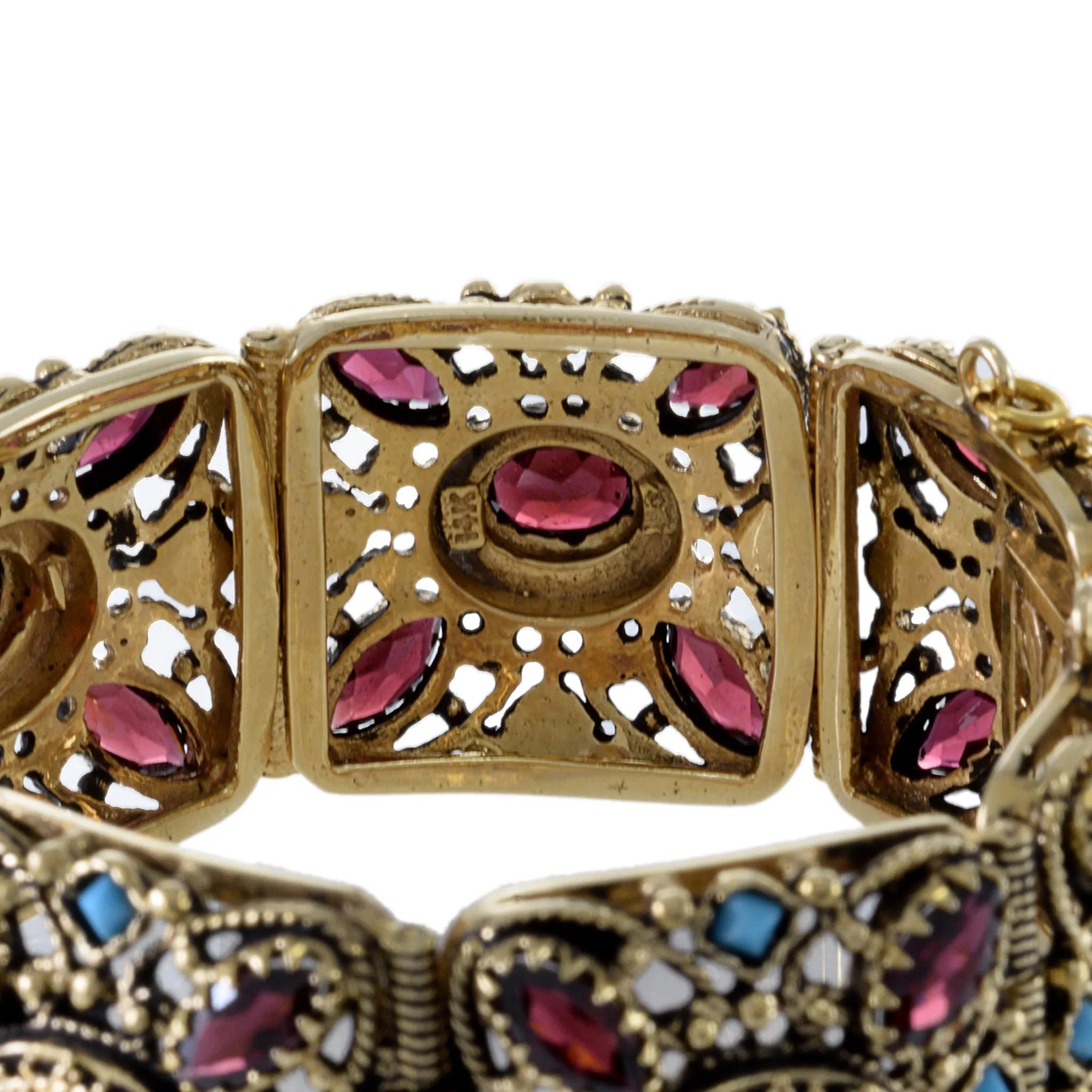 Victorian Era 14KT Yellow Gold Garnet And Turquoise Wide Section Bracelet