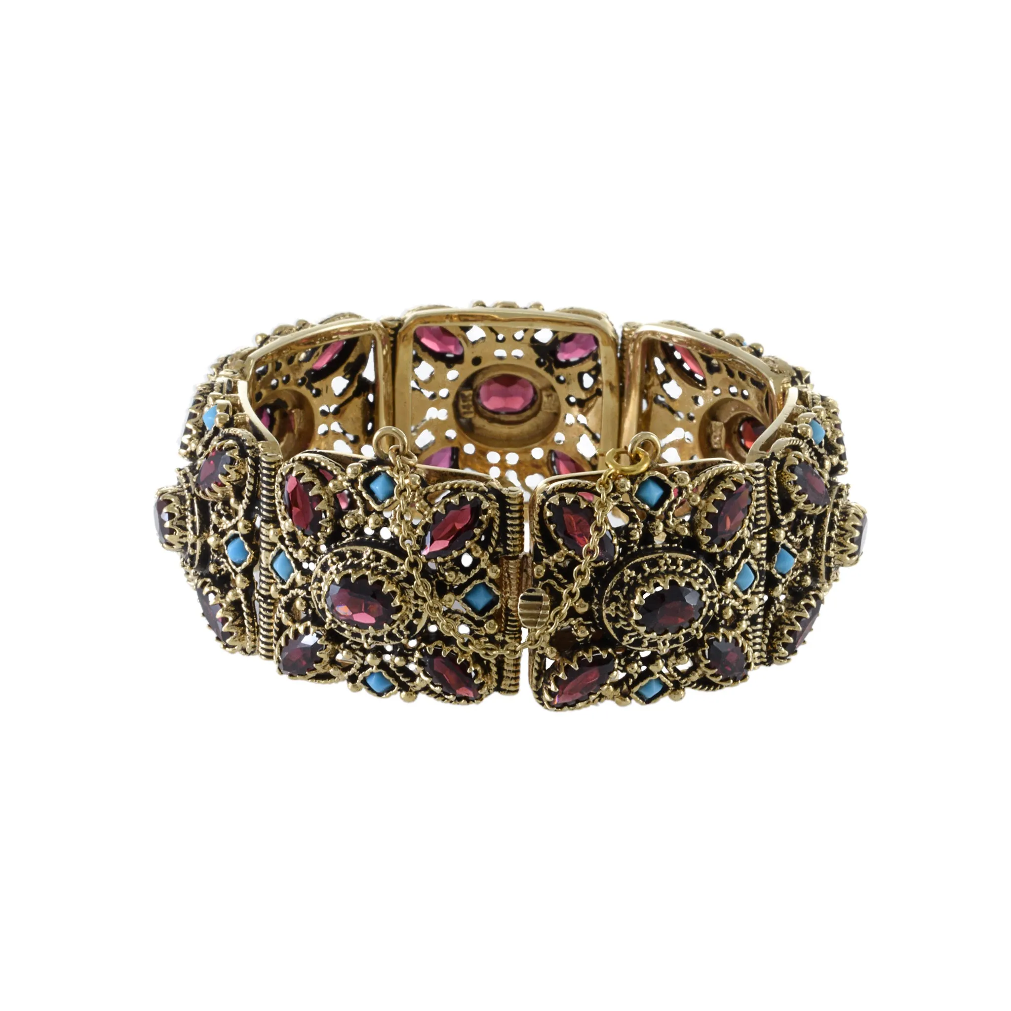 Victorian Era 14KT Yellow Gold Garnet And Turquoise Wide Section Bracelet