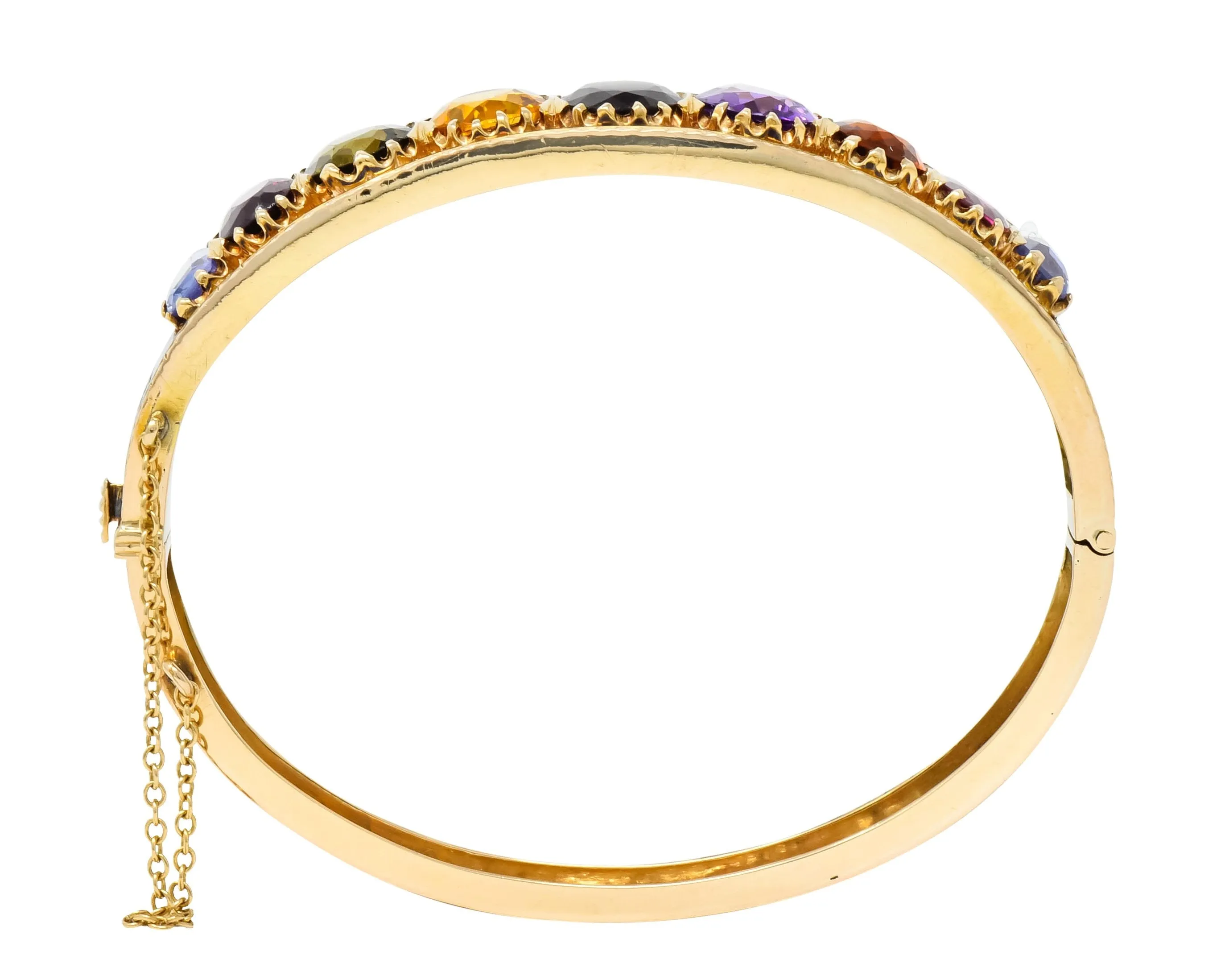 Victorian Multi-Gem Sapphire Citrine Enamel 14 Karat Gold Bangle Bracelet Circa 1880