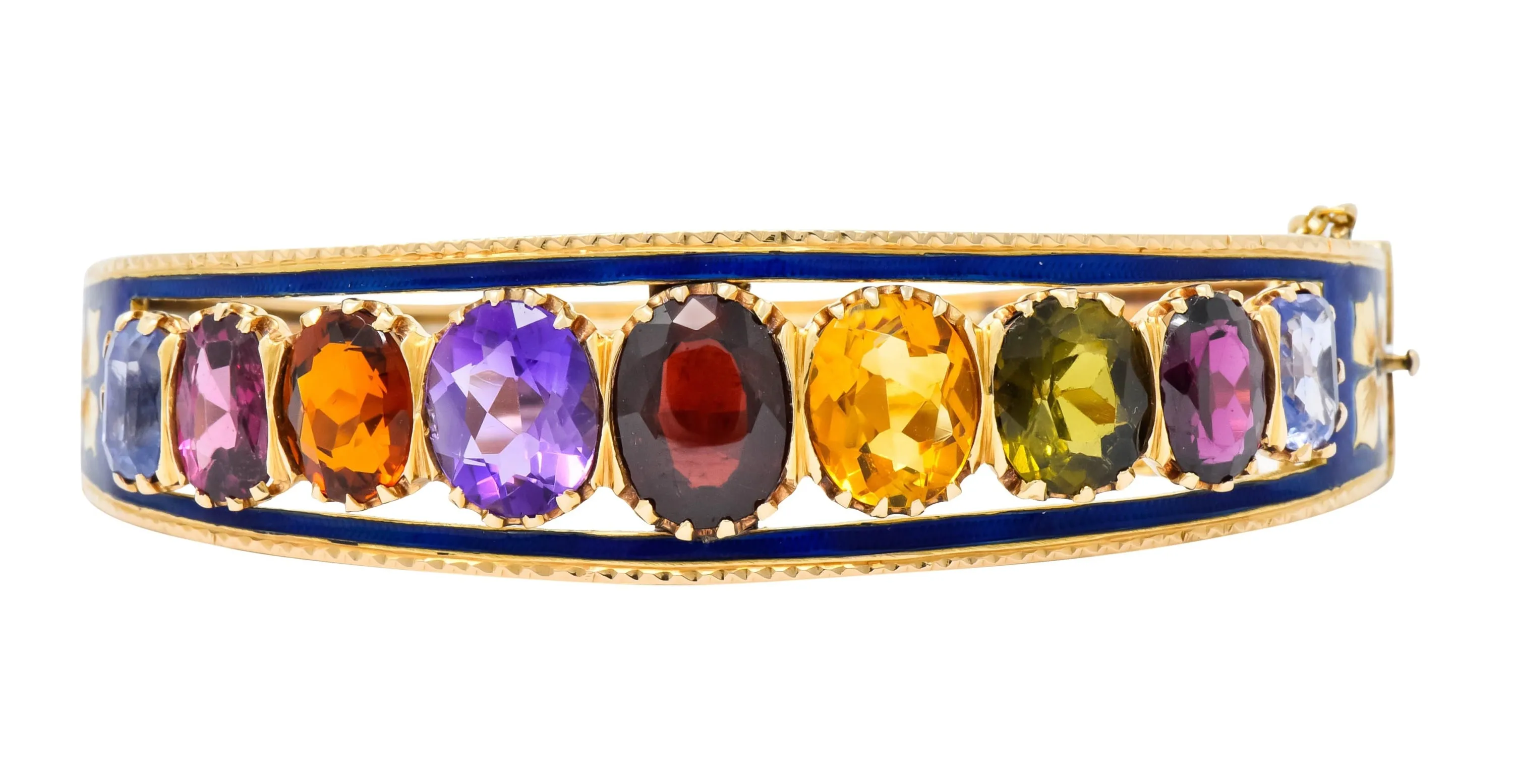 Victorian Multi-Gem Sapphire Citrine Enamel 14 Karat Gold Bangle Bracelet Circa 1880