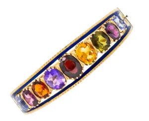 Victorian Multi-Gem Sapphire Citrine Enamel 14 Karat Gold Bangle Bracelet Circa 1880