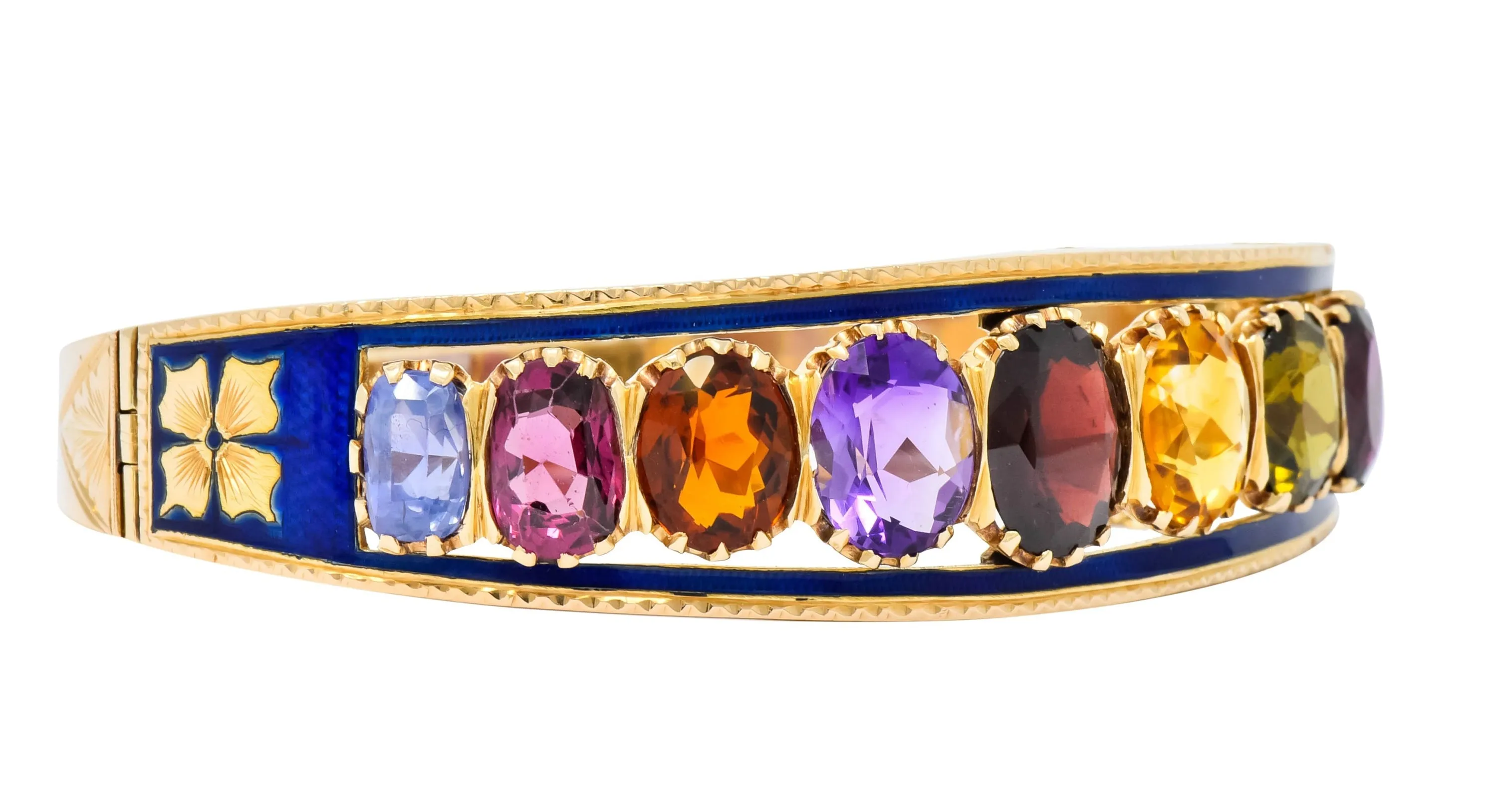 Victorian Multi-Gem Sapphire Citrine Enamel 14 Karat Gold Bangle Bracelet Circa 1880