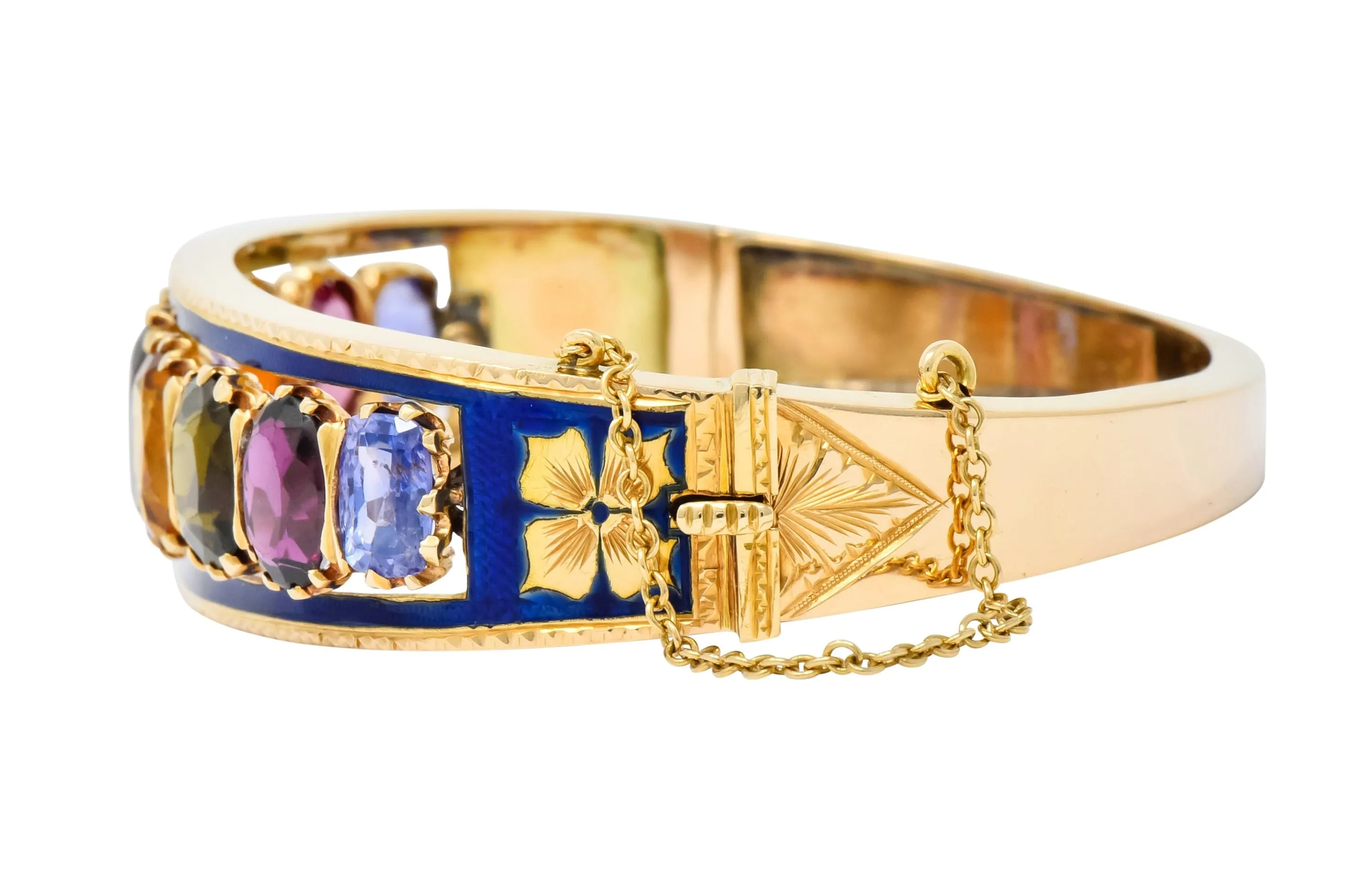 Victorian Multi-Gem Sapphire Citrine Enamel 14 Karat Gold Bangle Bracelet Circa 1880