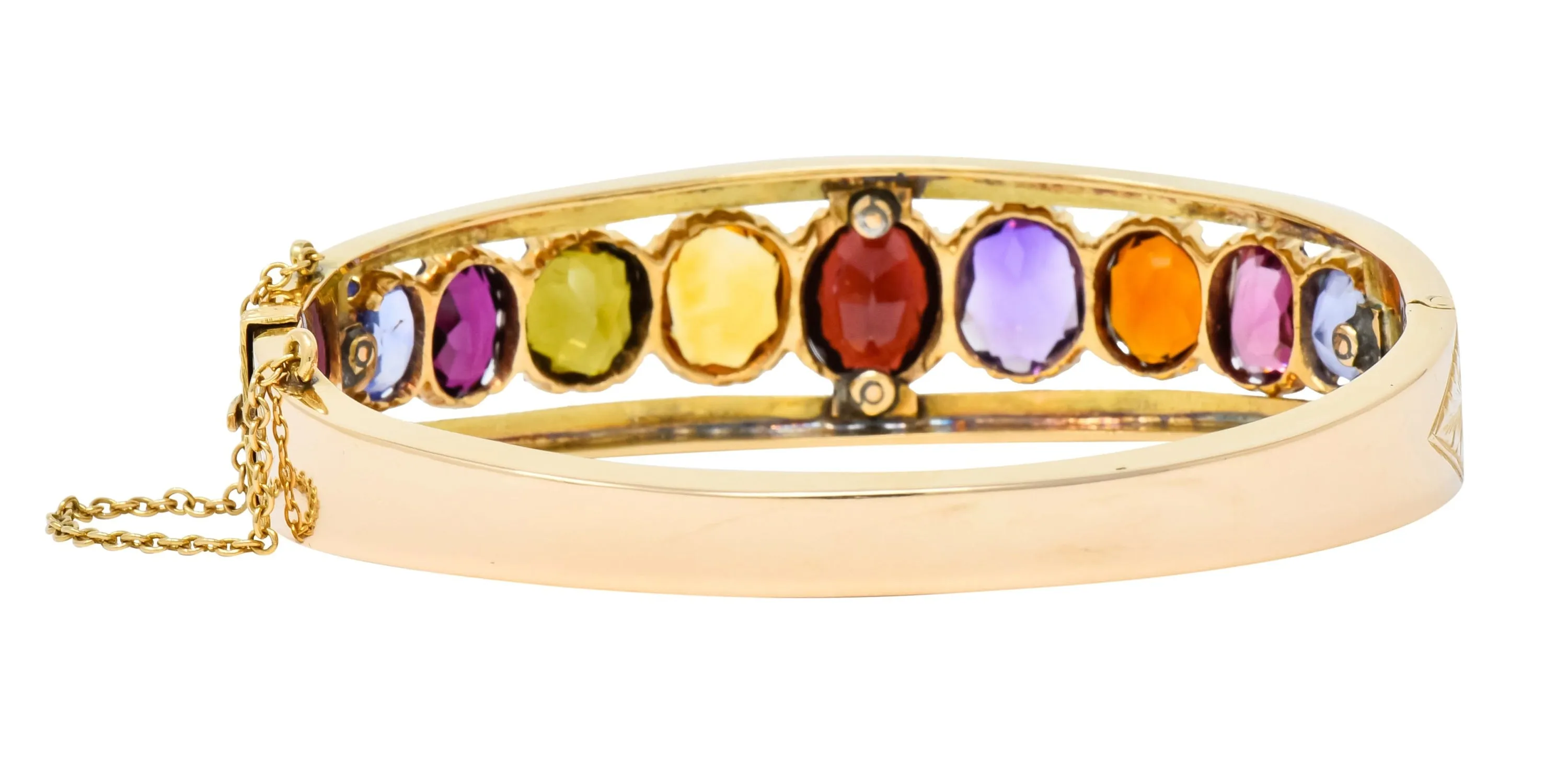 Victorian Multi-Gem Sapphire Citrine Enamel 14 Karat Gold Bangle Bracelet Circa 1880