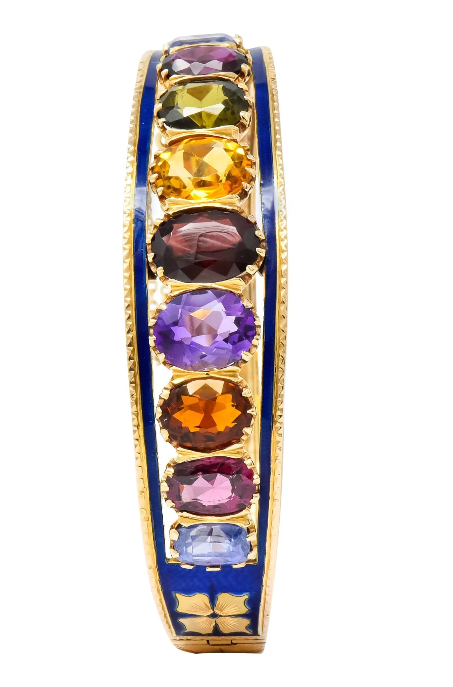 Victorian Multi-Gem Sapphire Citrine Enamel 14 Karat Gold Bangle Bracelet Circa 1880
