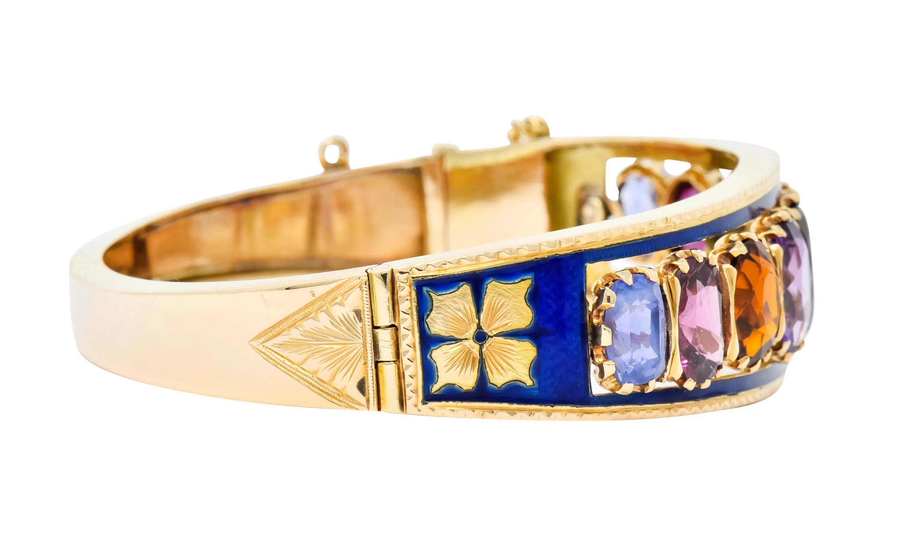 Victorian Multi-Gem Sapphire Citrine Enamel 14 Karat Gold Bangle Bracelet Circa 1880
