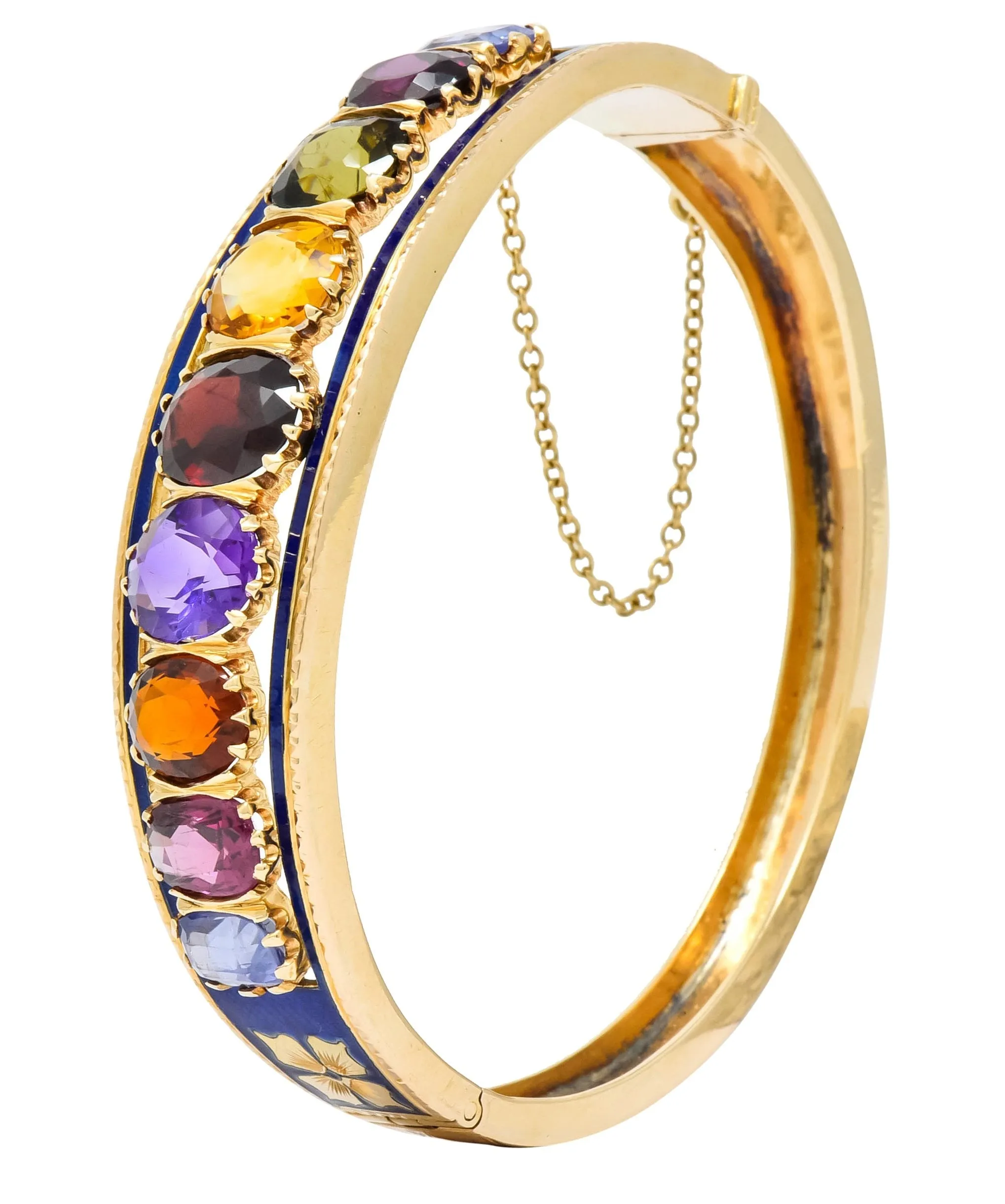 Victorian Multi-Gem Sapphire Citrine Enamel 14 Karat Gold Bangle Bracelet Circa 1880
