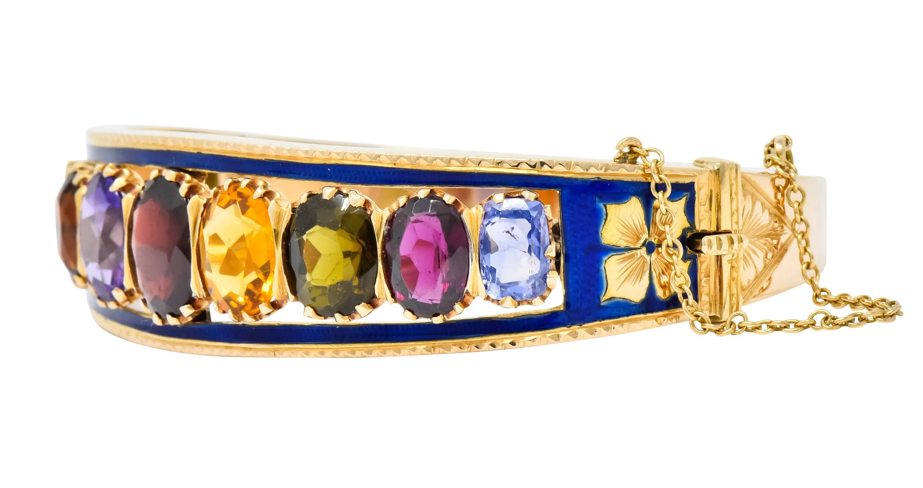 Victorian Multi-Gem Sapphire Citrine Enamel 14 Karat Gold Bangle Bracelet Circa 1880