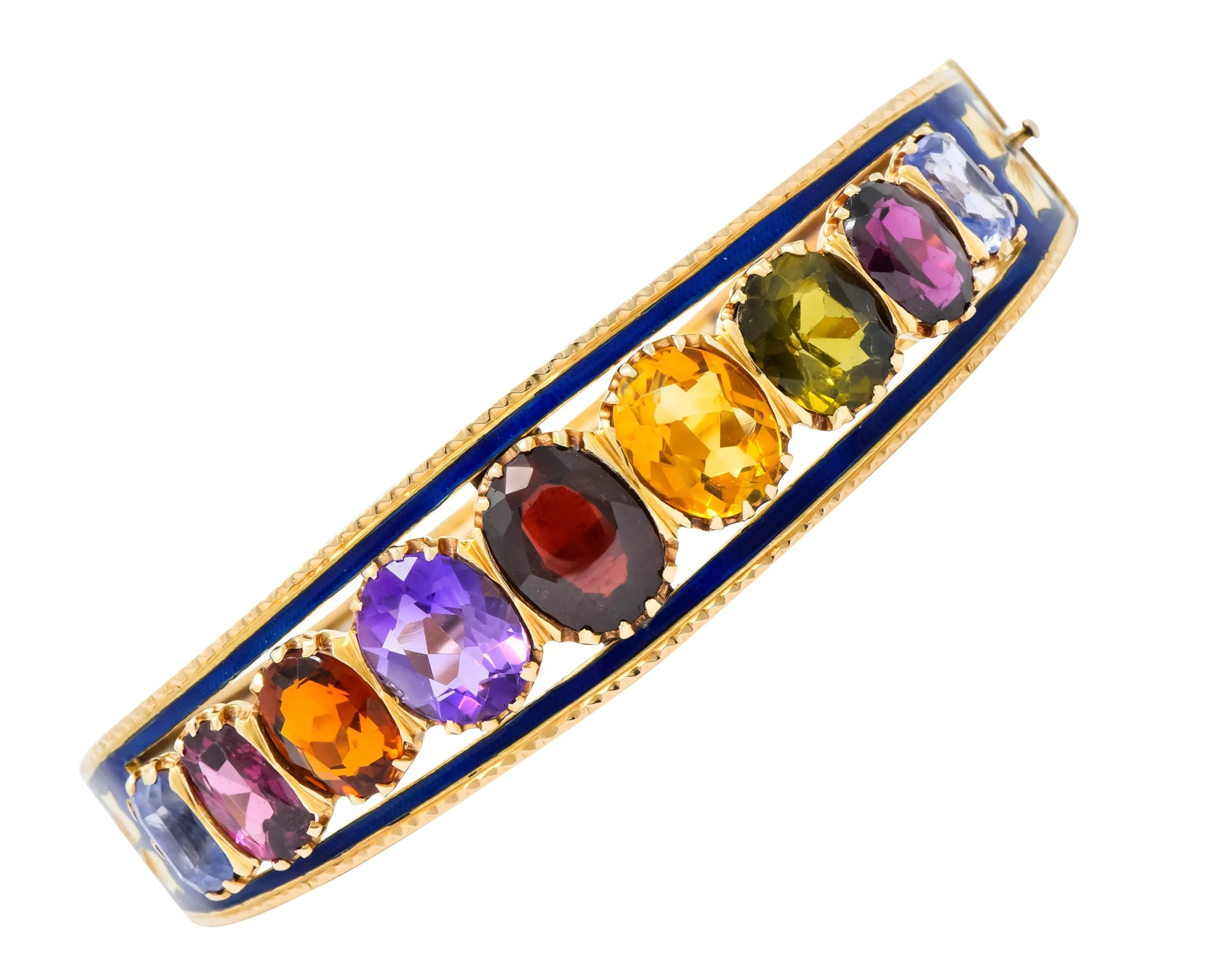 Victorian Multi-Gem Sapphire Citrine Enamel 14 Karat Gold Bangle Bracelet Circa 1880