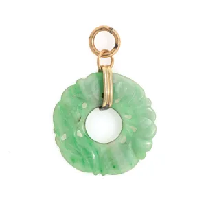 Vintage Art Deco Carved Jade Pendant 14k Yellow Gold Circle Disc Fine Jewelry