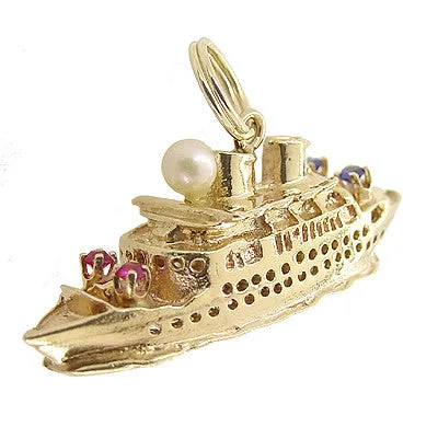 Vintage Gem Set Cruise Ship Charm in 14 Karat Gold