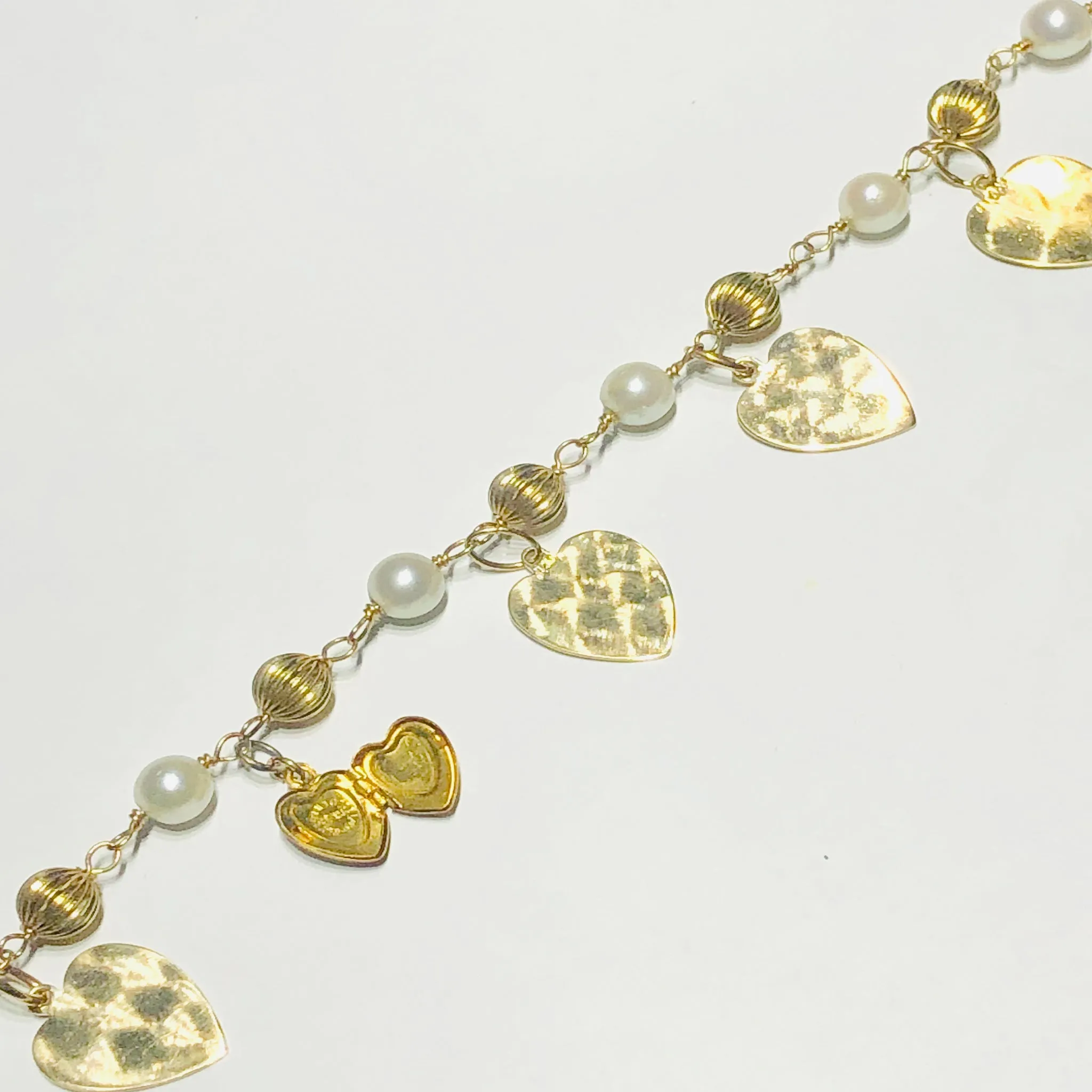 Vintage Heart Locket Charm Pearl Bracelet (14K)