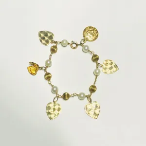 Vintage Heart Locket Charm Pearl Bracelet (14K)