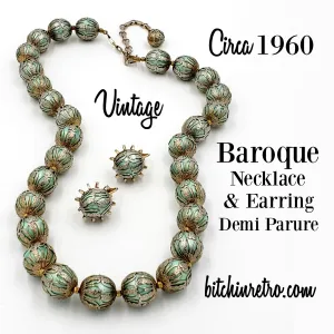 Vintage Moonglow Beaded Necklace and Earring Set With Baroque Filigree Bead Caps