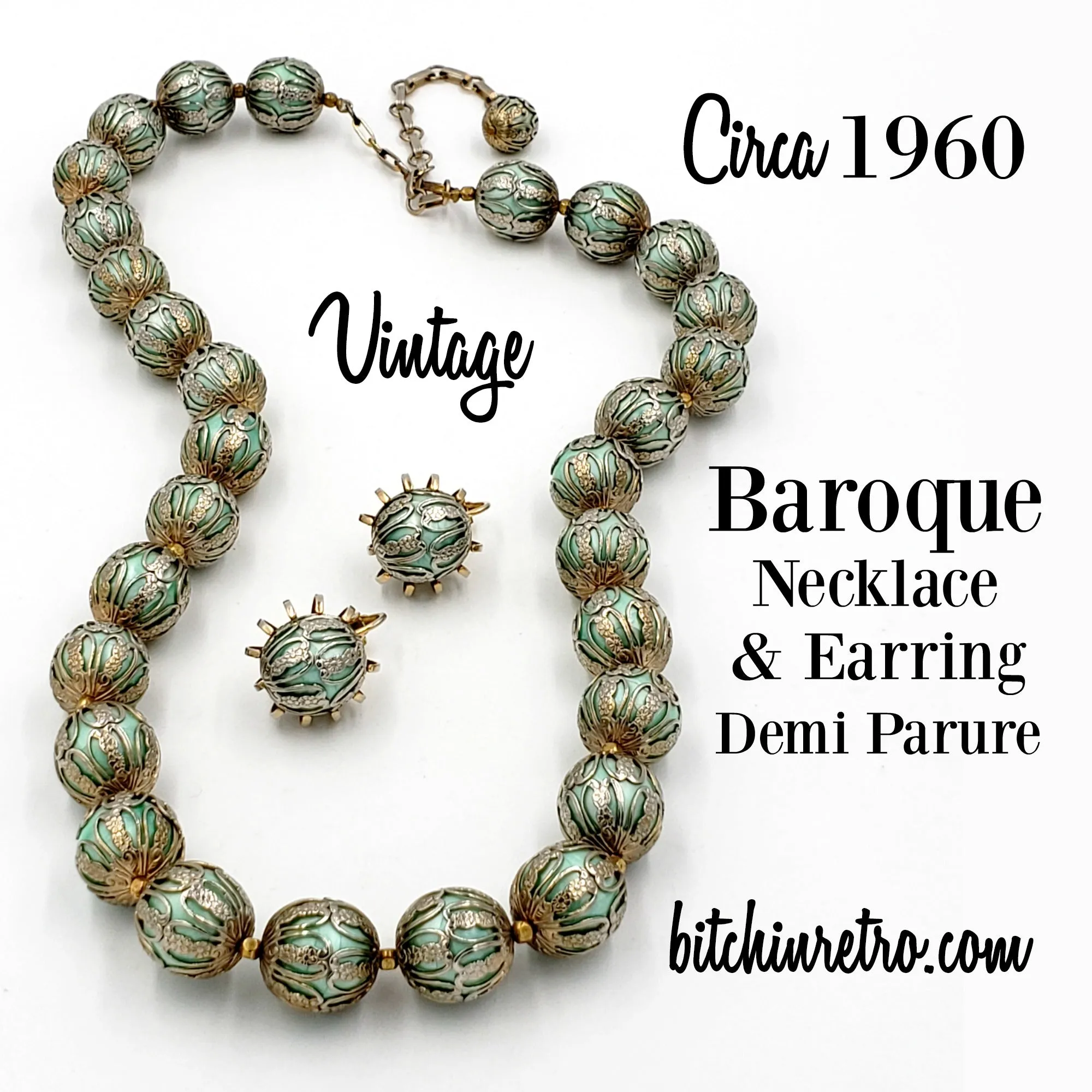 Vintage Moonglow Beaded Necklace and Earring Set With Baroque Filigree Bead Caps