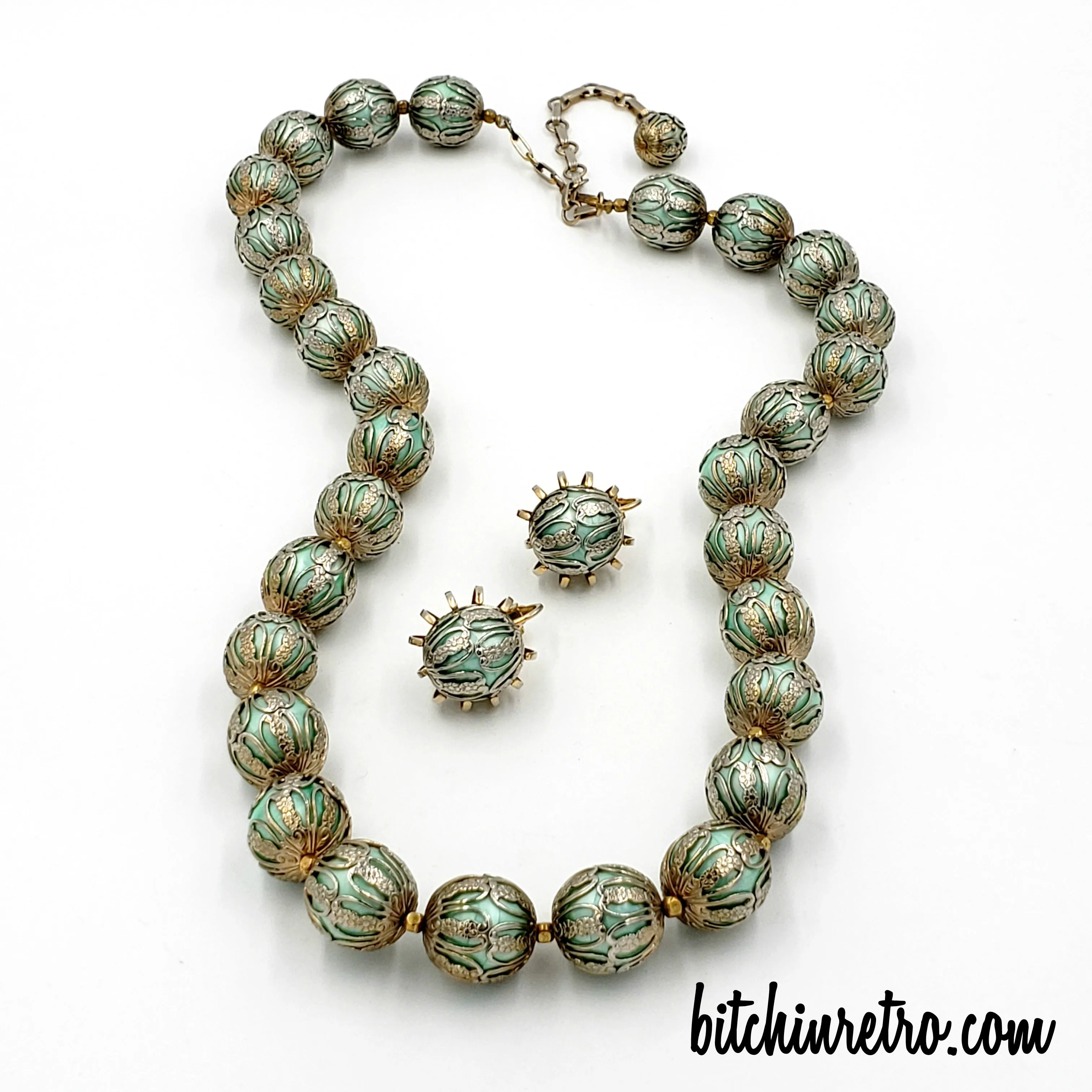 Vintage Moonglow Beaded Necklace and Earring Set With Baroque Filigree Bead Caps