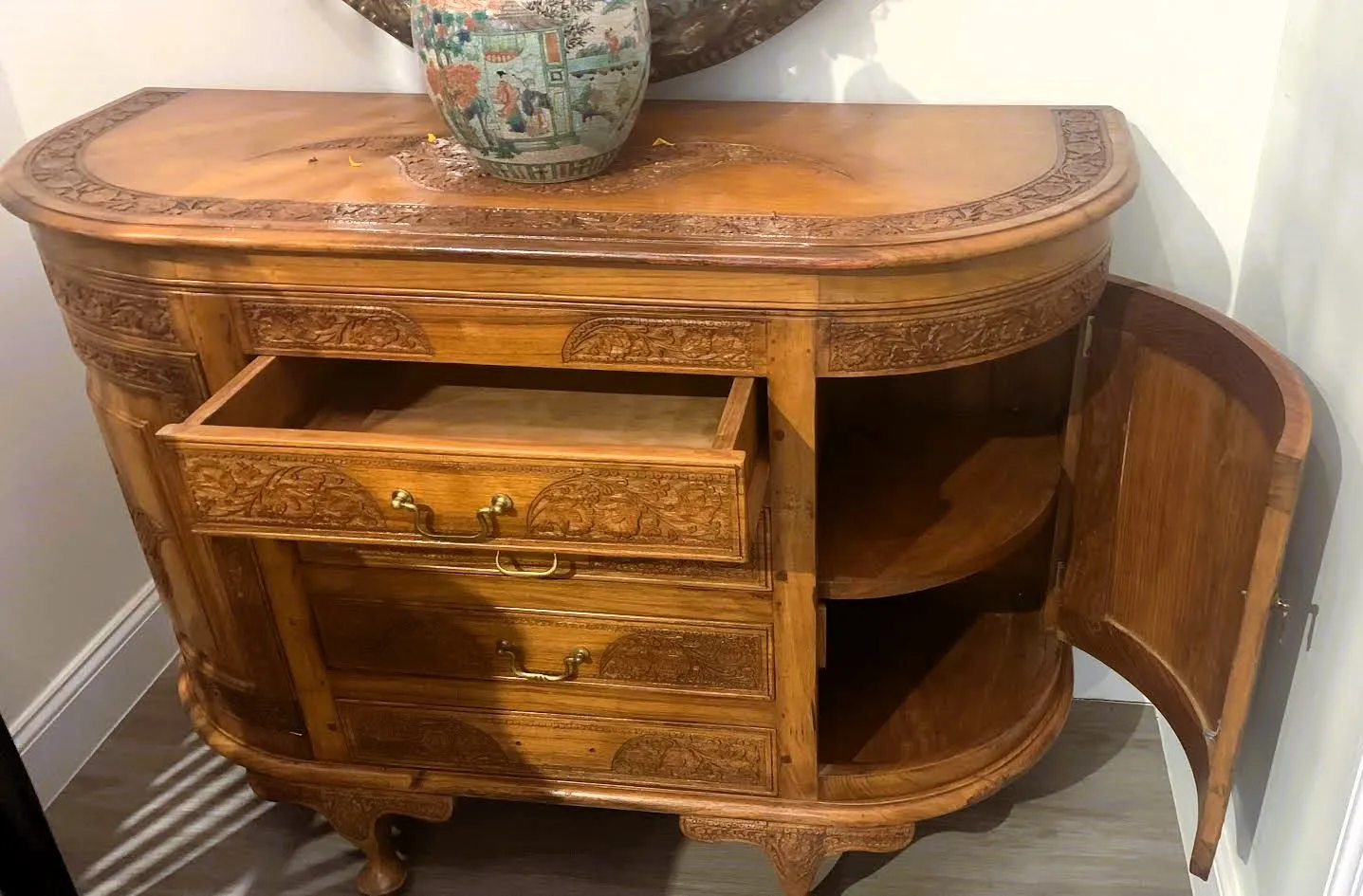 Vintage Solid Wood Carved Porch Cabinet Accent Cabinet
