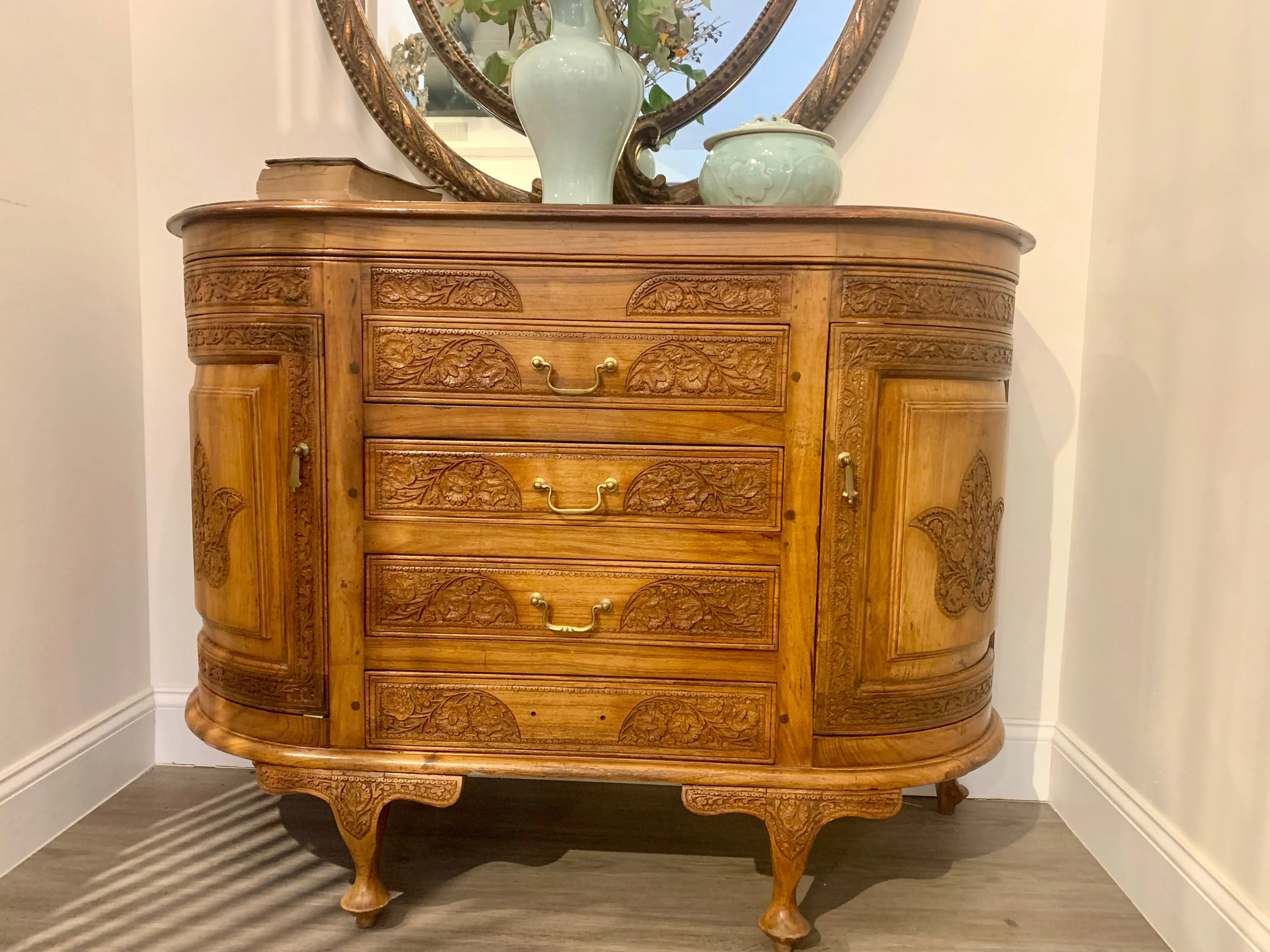 Vintage Solid Wood Carved Porch Cabinet Accent Cabinet