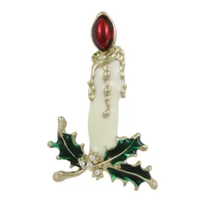 White Christmas Candle with Holly Leaves Brooch Pin - XP914