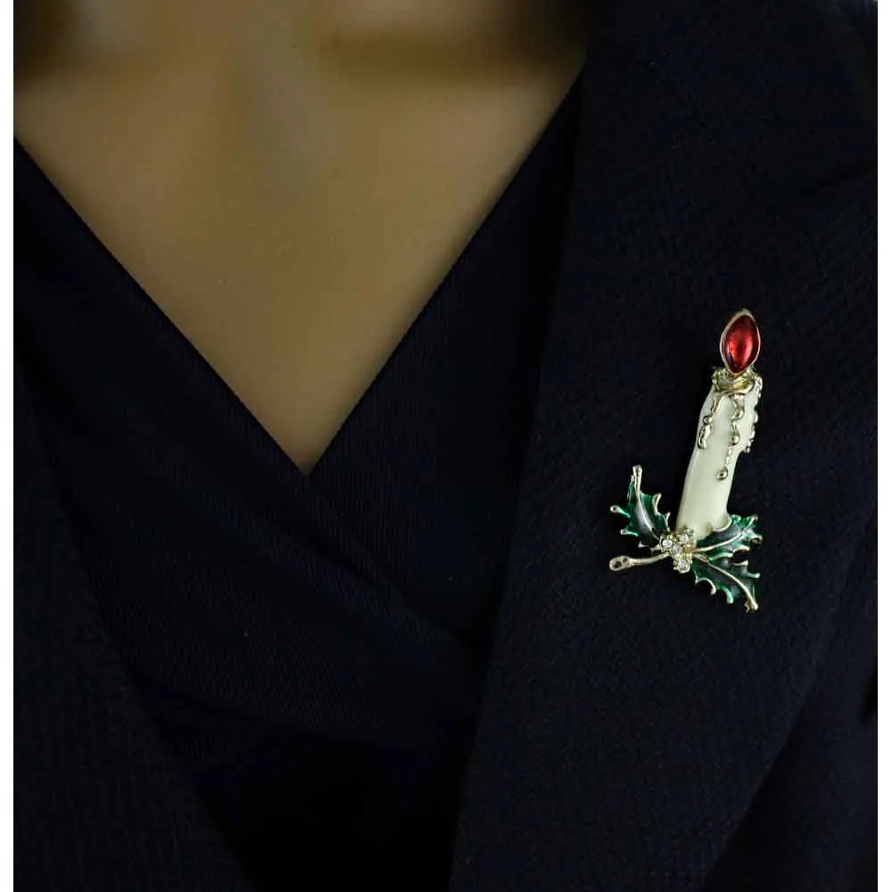 White Christmas Candle with Holly Leaves Brooch Pin - XP914