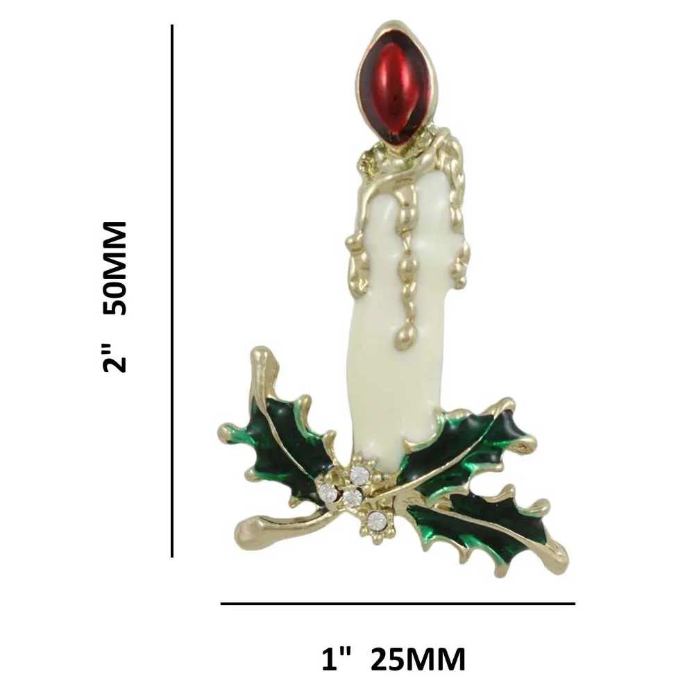 White Christmas Candle with Holly Leaves Brooch Pin - XP914