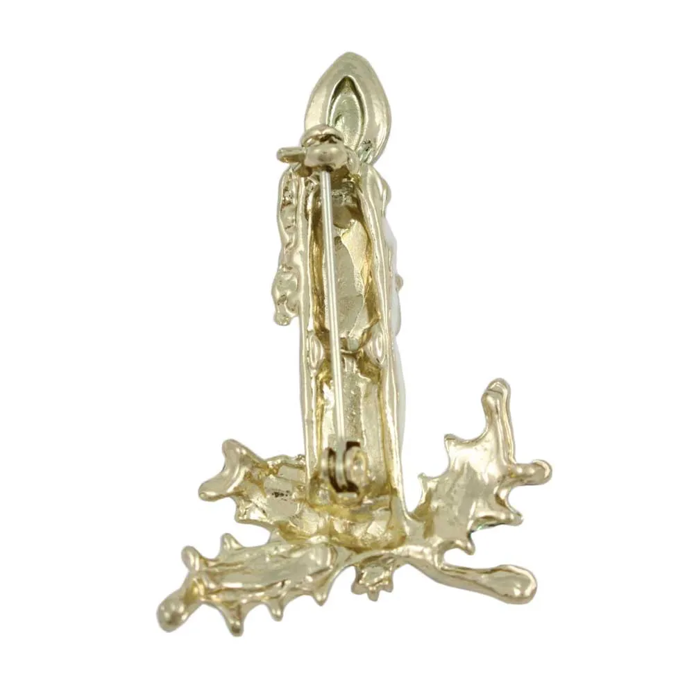 White Christmas Candle with Holly Leaves Brooch Pin - XP914