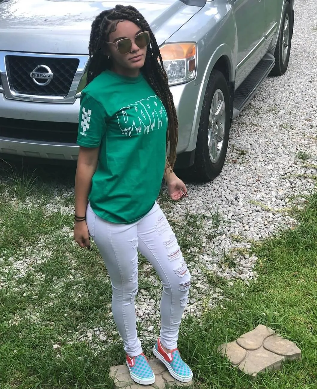 White Drippin Outline | Green Tee (Solid Checkered Drippin Sleeve)