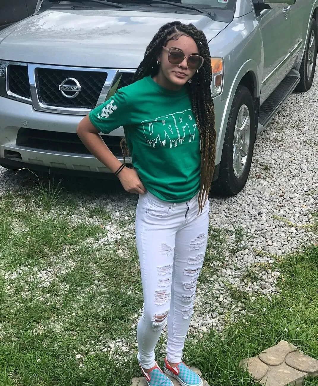 White Drippin Outline | Green Tee (Solid Checkered Drippin Sleeve)