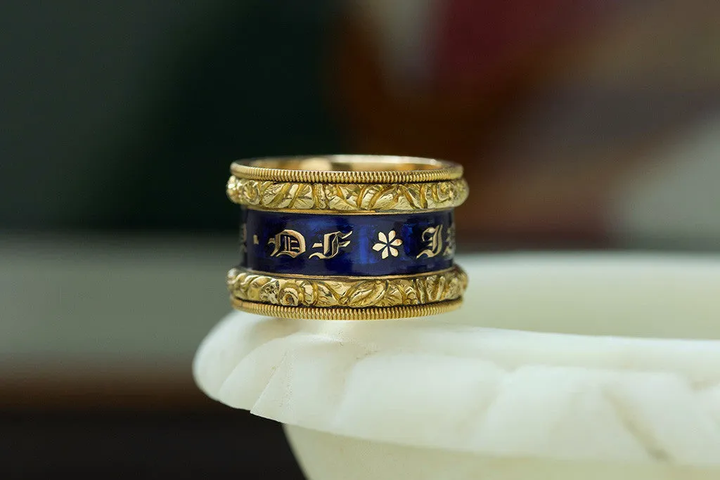 Wide Georgian Blue Enamel Memorial Ring