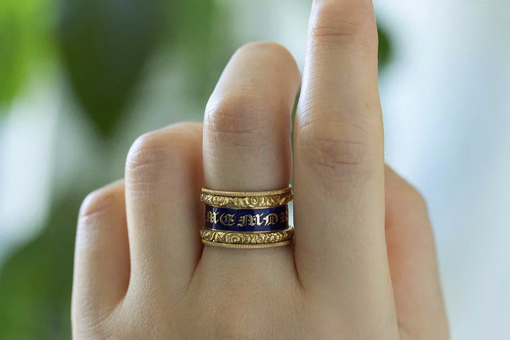 Wide Georgian Blue Enamel Memorial Ring