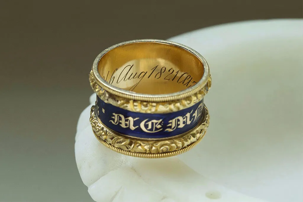 Wide Georgian Blue Enamel Memorial Ring