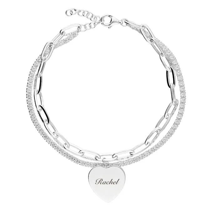 Womens two row chain and tenis cubic zirconia with flat heart bracelet