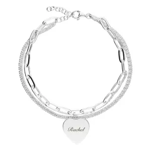 Womens two row chain and tenis cubic zirconia with flat heart bracelet