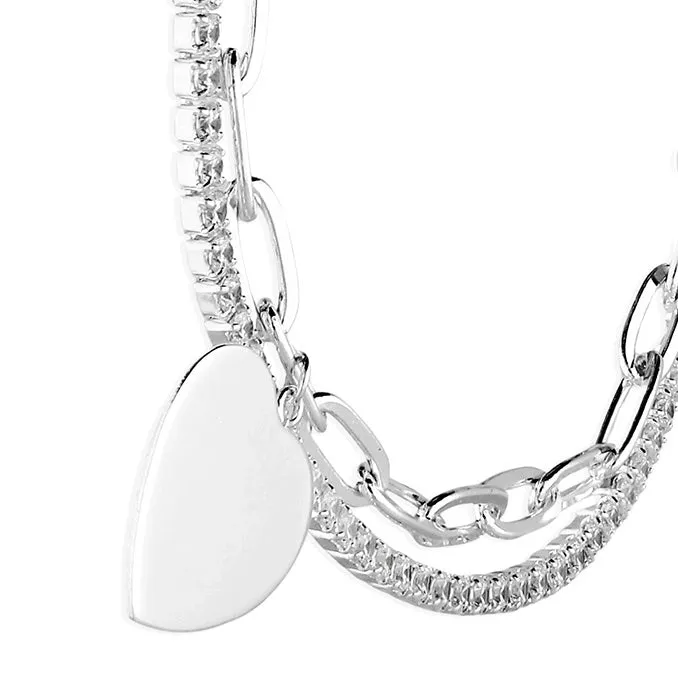 Womens two row chain and tenis cubic zirconia with flat heart bracelet