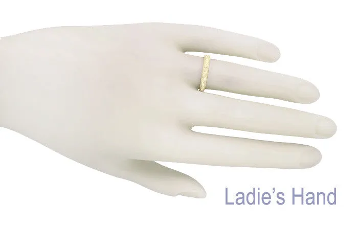 Yellow Gold Art Deco Leaves and Flowers Millgrain Edge Engraved Wedding Band - 3mm Width