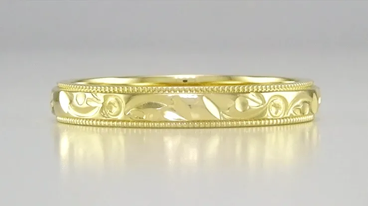 Yellow Gold Art Deco Leaves and Flowers Millgrain Edge Engraved Wedding Band - 3mm Width