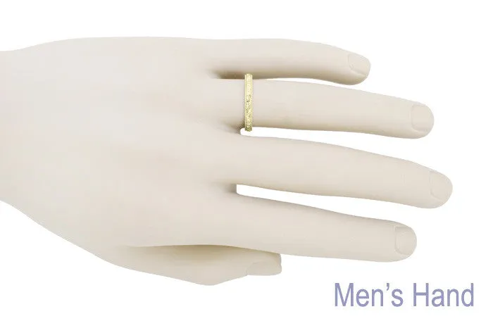 Yellow Gold Art Deco Leaves and Flowers Millgrain Edge Engraved Wedding Band - 3mm Width