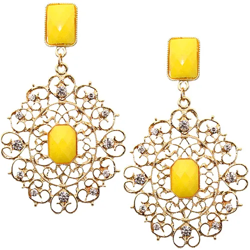 Yellow Rhinestone Filigree Post Earrings